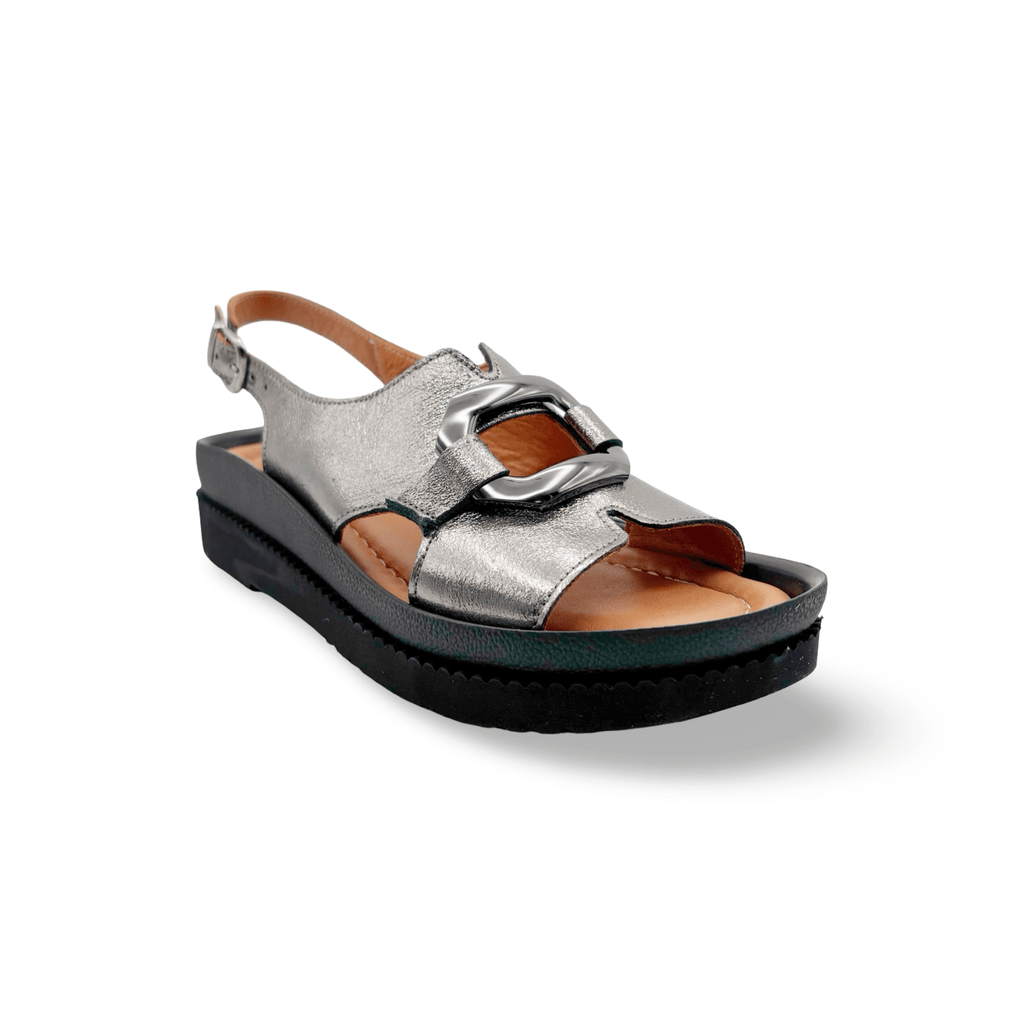 Pewter sandal with a black sole and buckle detail 