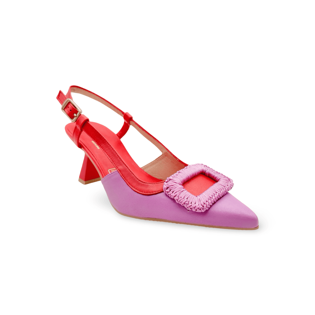 Pink and red high-heeled shoe with a decorative square buckle detail 