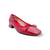 Red leather shoe with a black sole and decorative bow