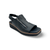Navy colored platform sandal with an open toe and slingback strap, featuring a side zipper