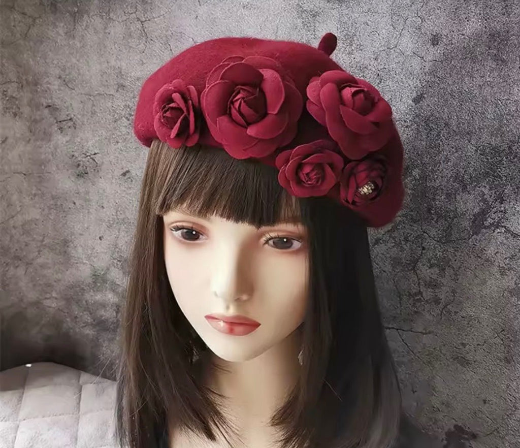 Betty Flower Beret Burgundy