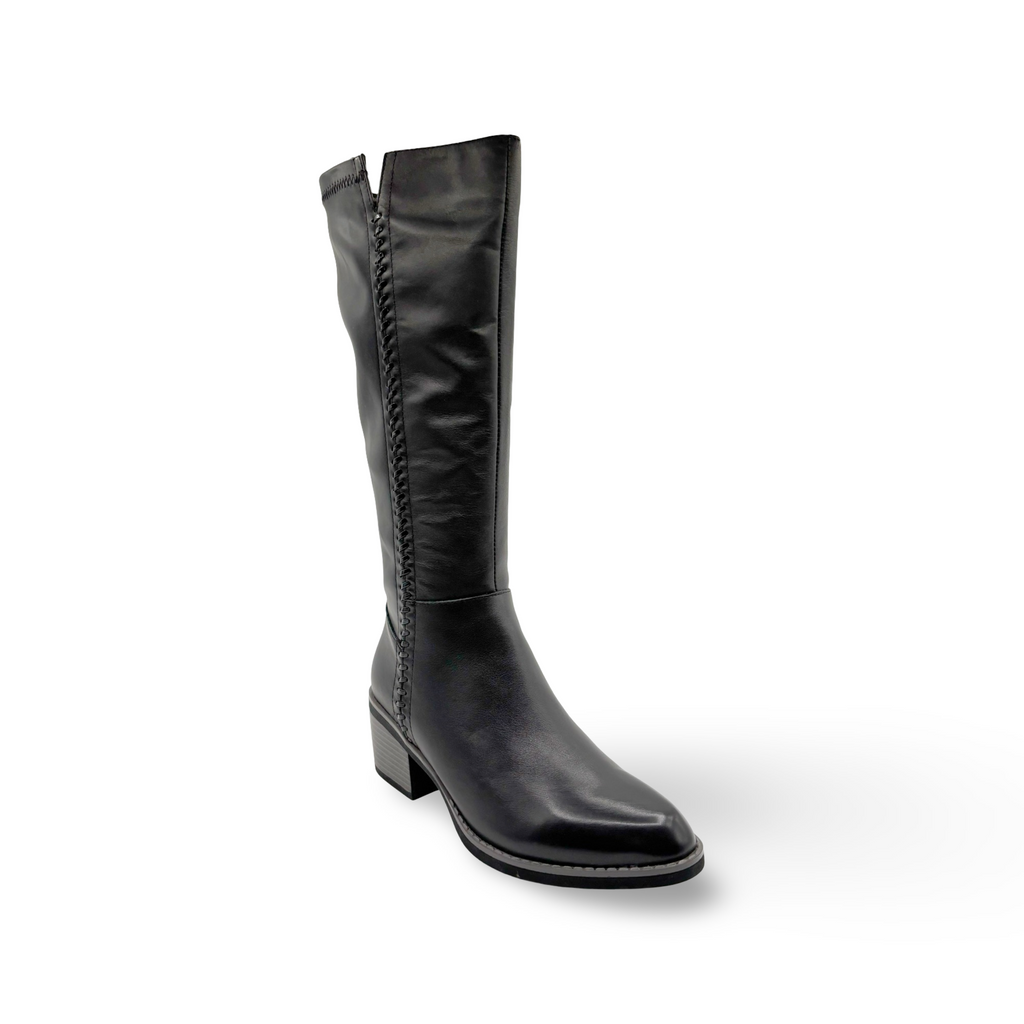 Black leather boot with decorative stitches