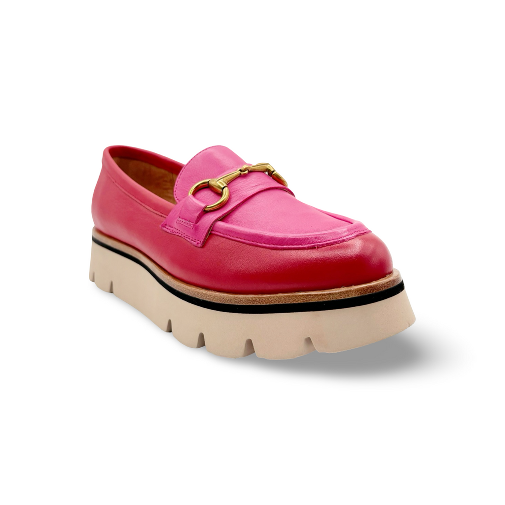 Pink and red loafer shoe with a gold buckle 