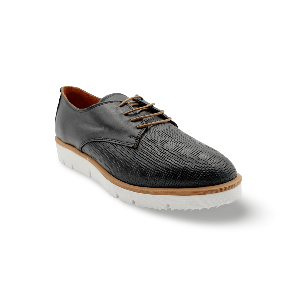 Black textured leather lace up shoe with white sole