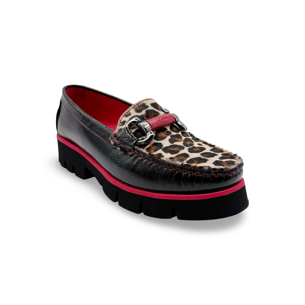 Leopard print loafer with black sole and red trim 