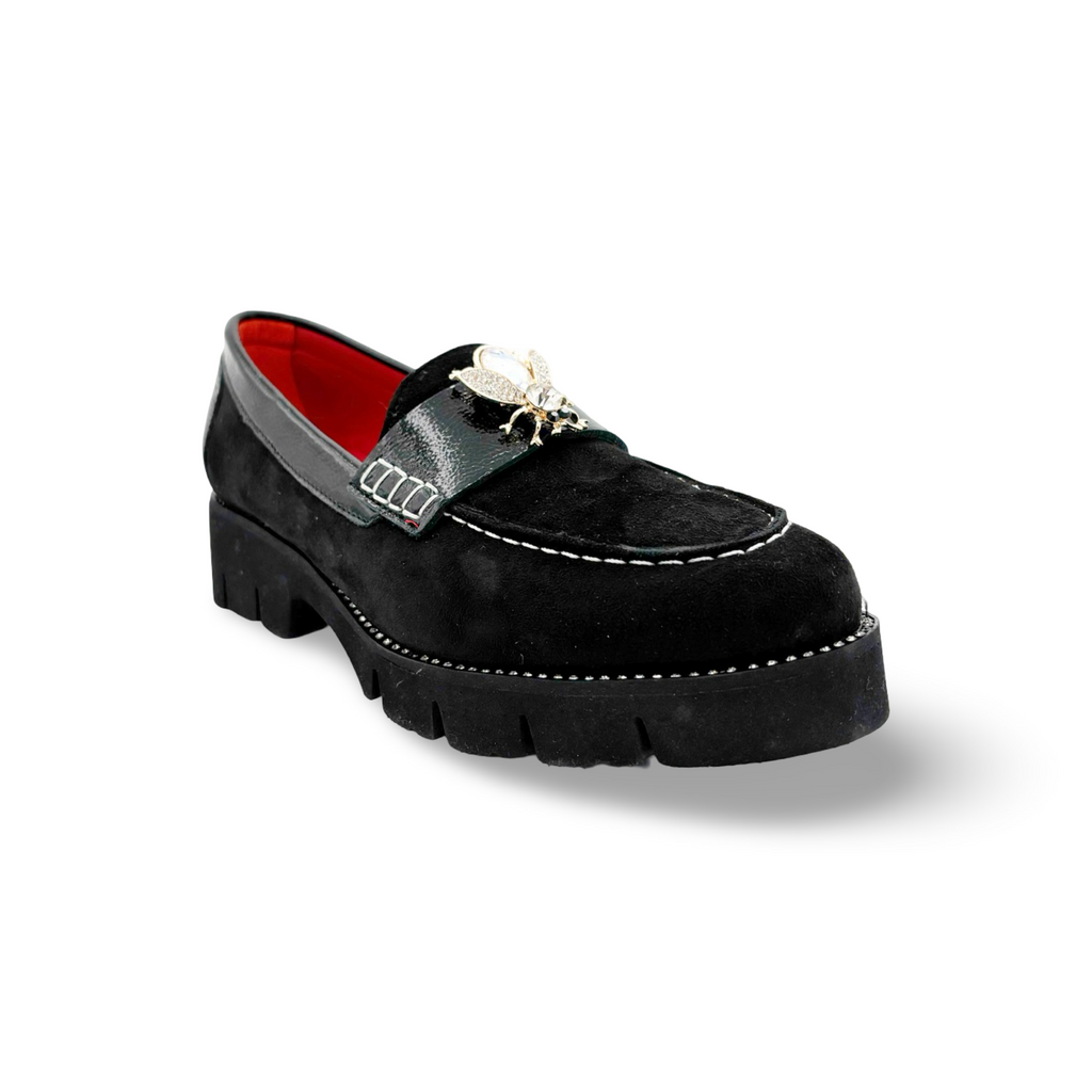 Black suede loafer with gold bee jewel embellished