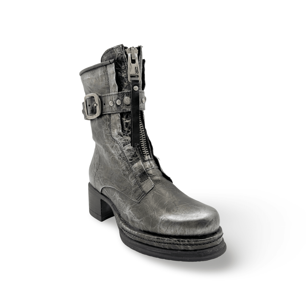 Metallic pewter leather boot with buckle and zipper 