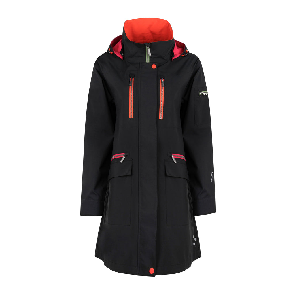 Black coat with red accents 