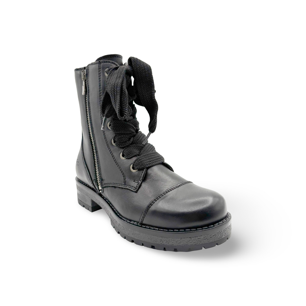 Black leather boot with zippers and laces 