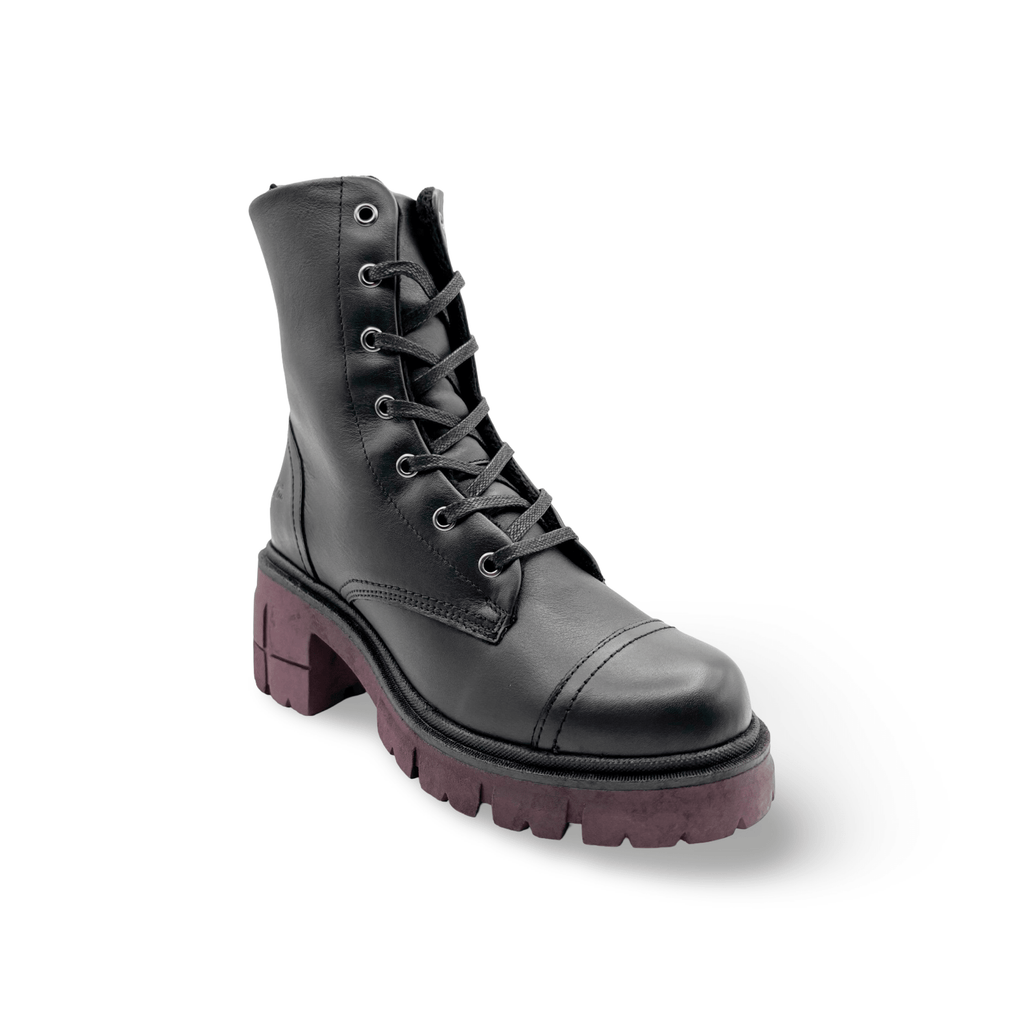 Black lace up leather boot with burgundy 