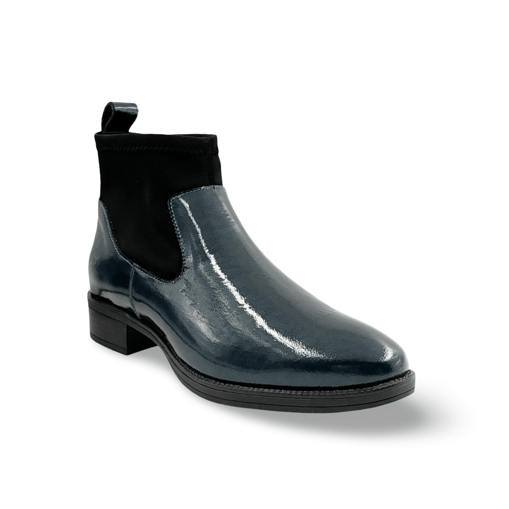 Blue patent ankle boot with black elastic 