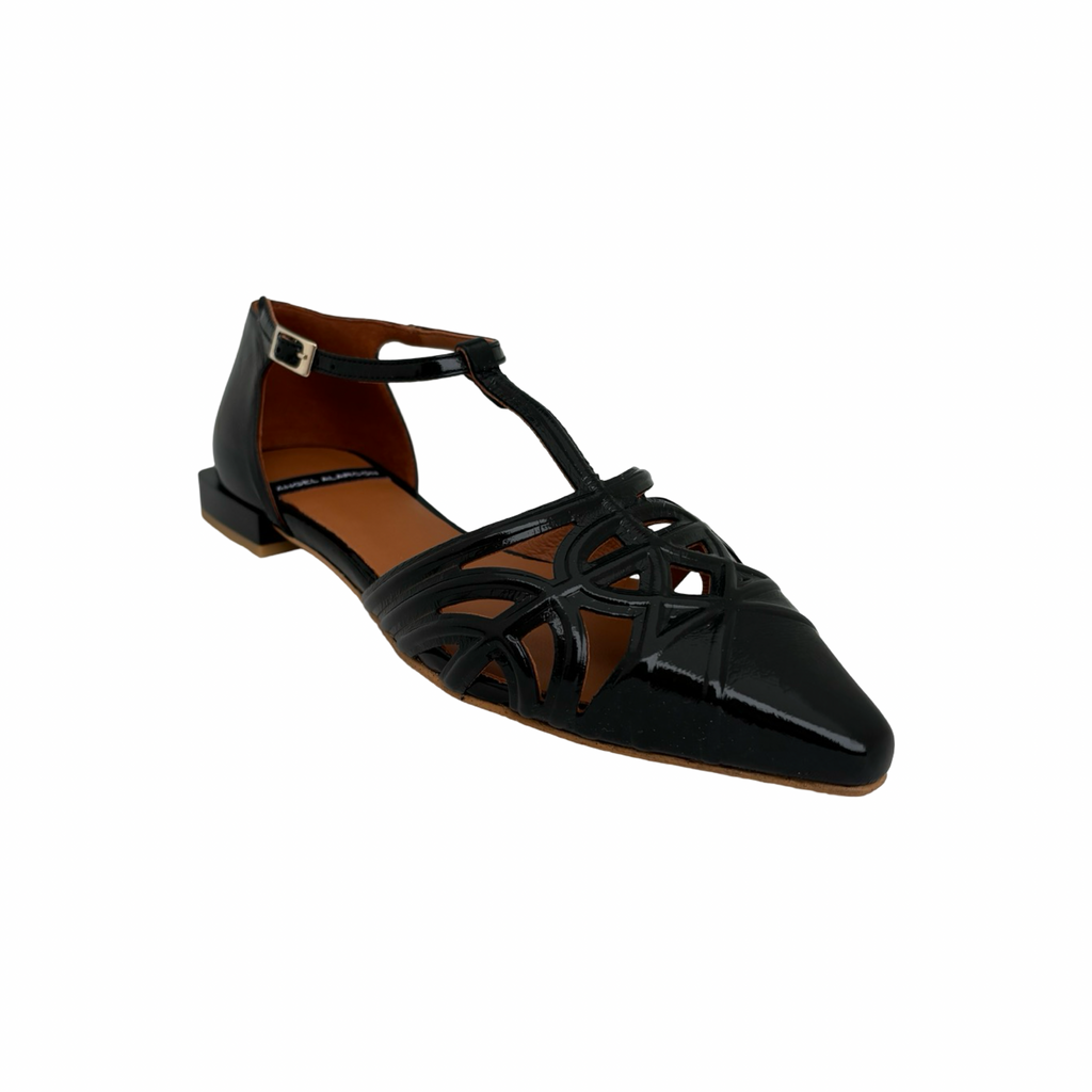 24001 Black T Strap Flat