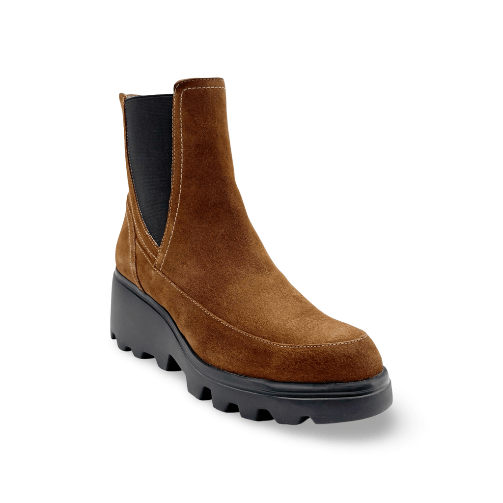 Brown suede boot with platform wedge