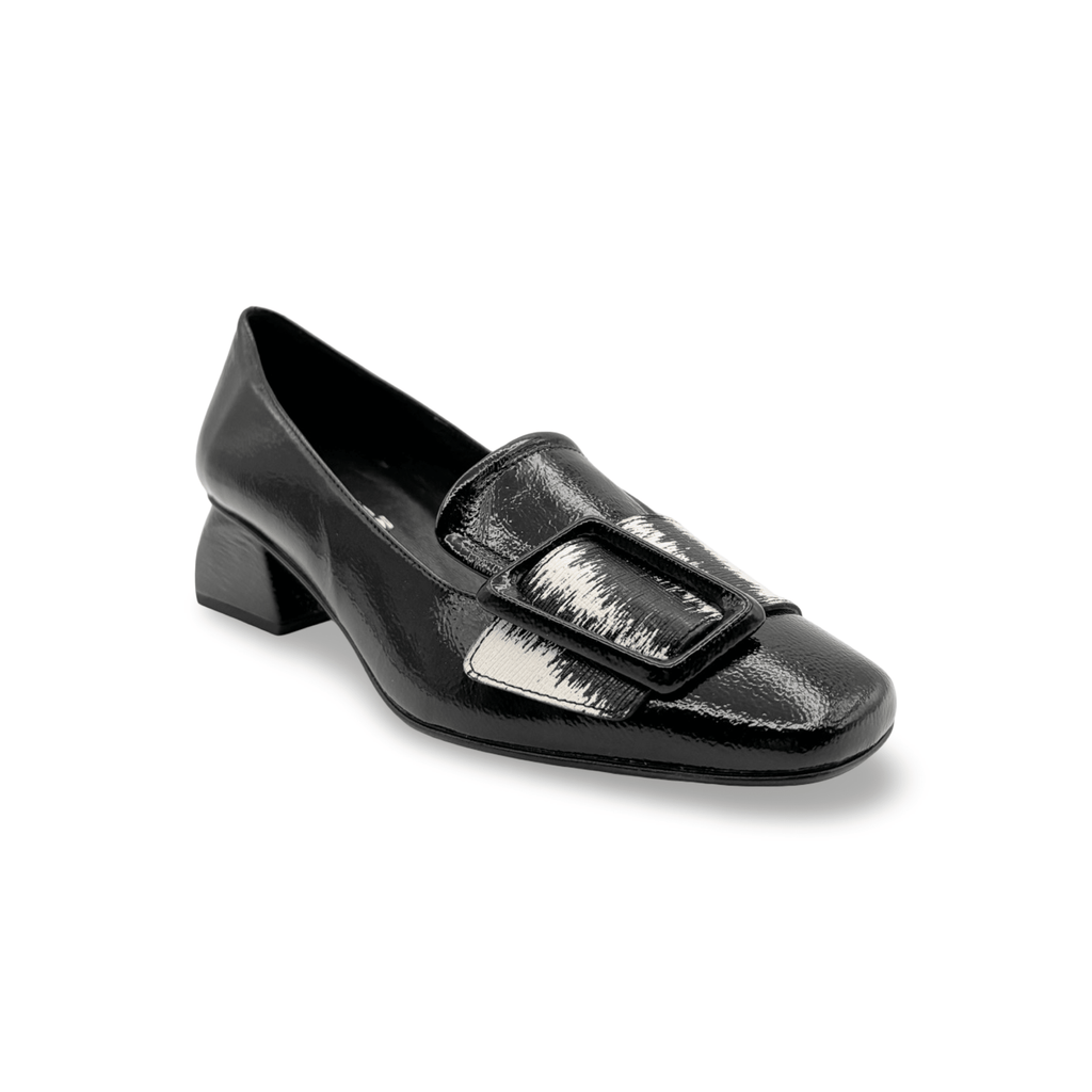 Black patent with buckle and black and white leather strap