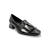 Black patent with buckle and black and white leather strap