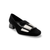 Black shoe with a black buckle with pewter leather strap
