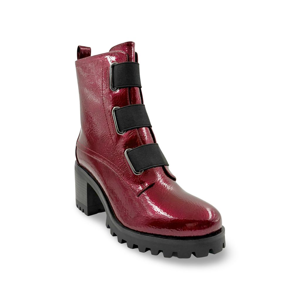 Red vegan crinkle patent boot with black straps 