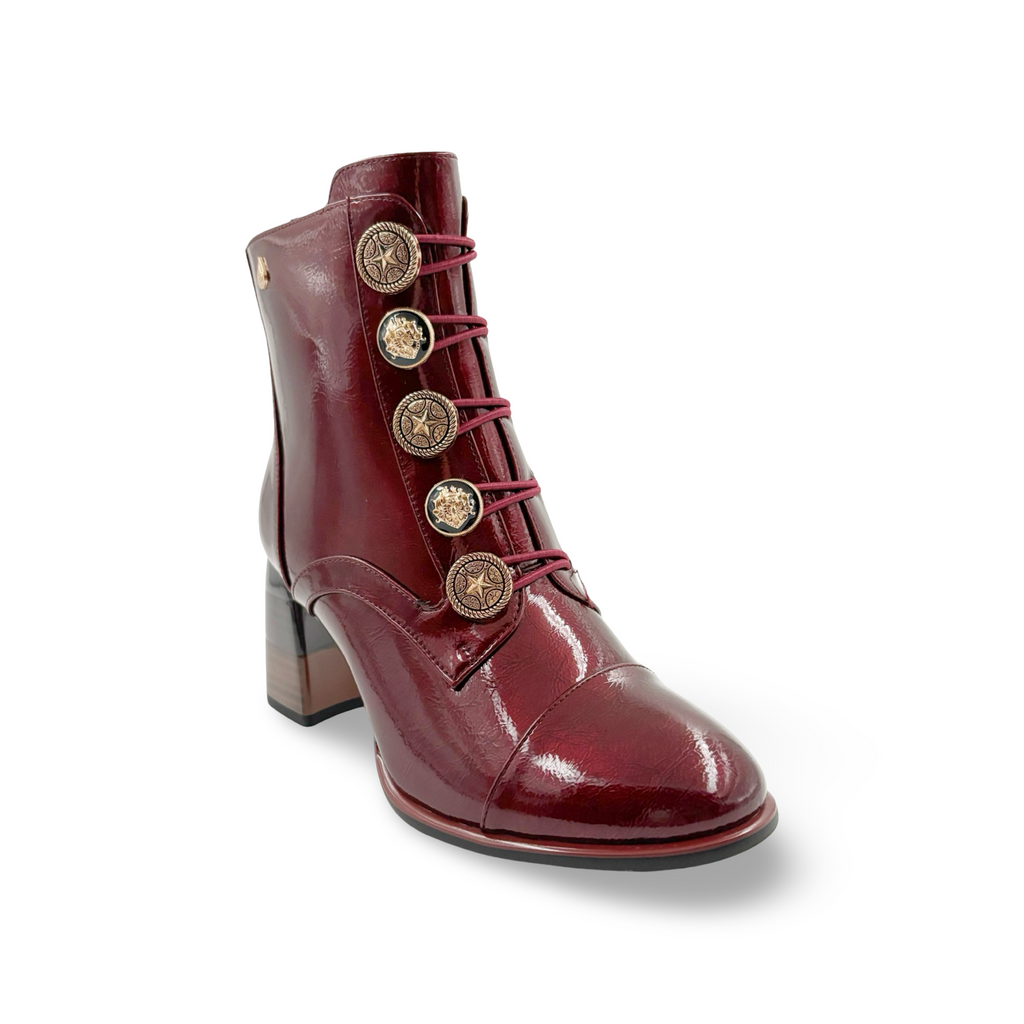 Maroon ankle boot with gold buttons 
