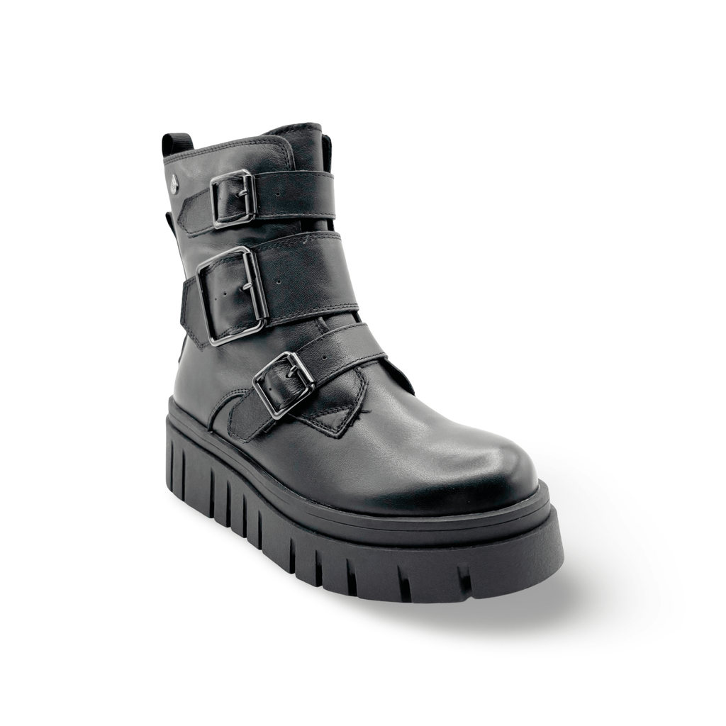 Black faux leather boot with buckles