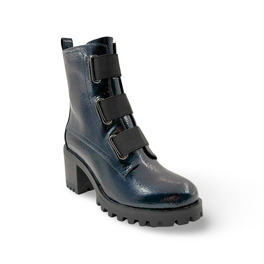 Navy blue vegan crinkle patent boot with black straps 