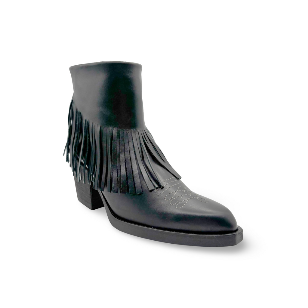 Black fringe ankle boot on a white background