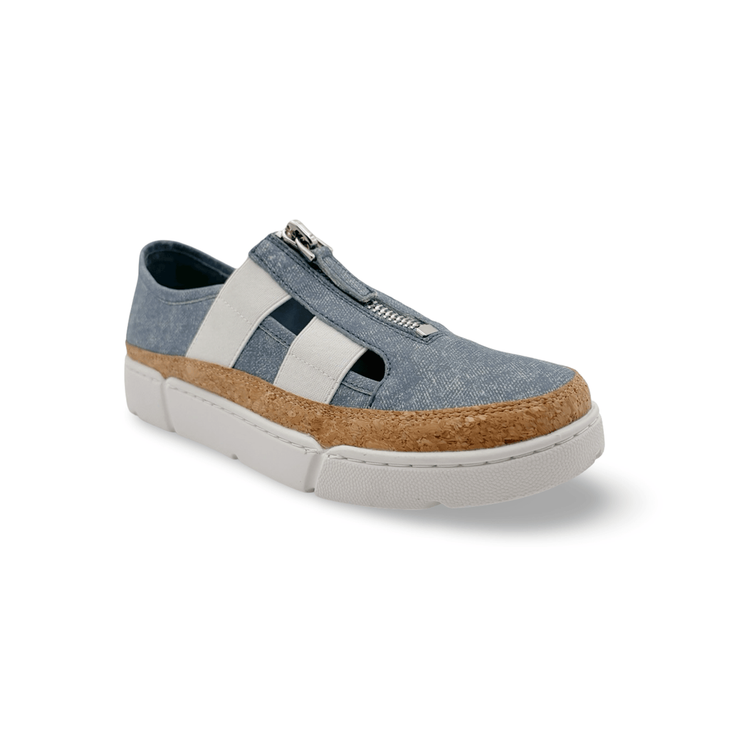 Blue denim, leather shoe with cork and white sole 