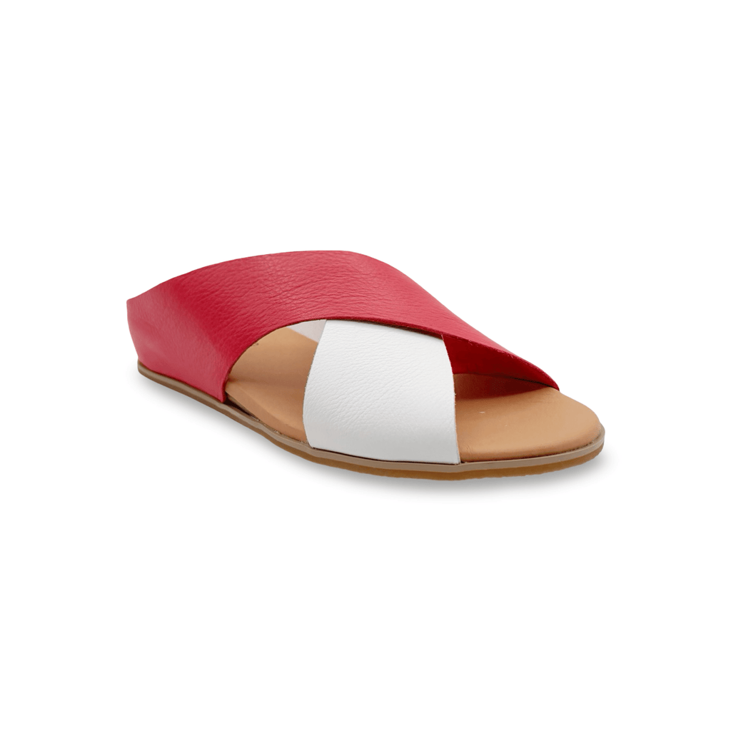 Red and white sandal with tan sole 