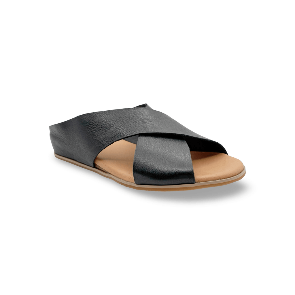Black sandal with tan sole 