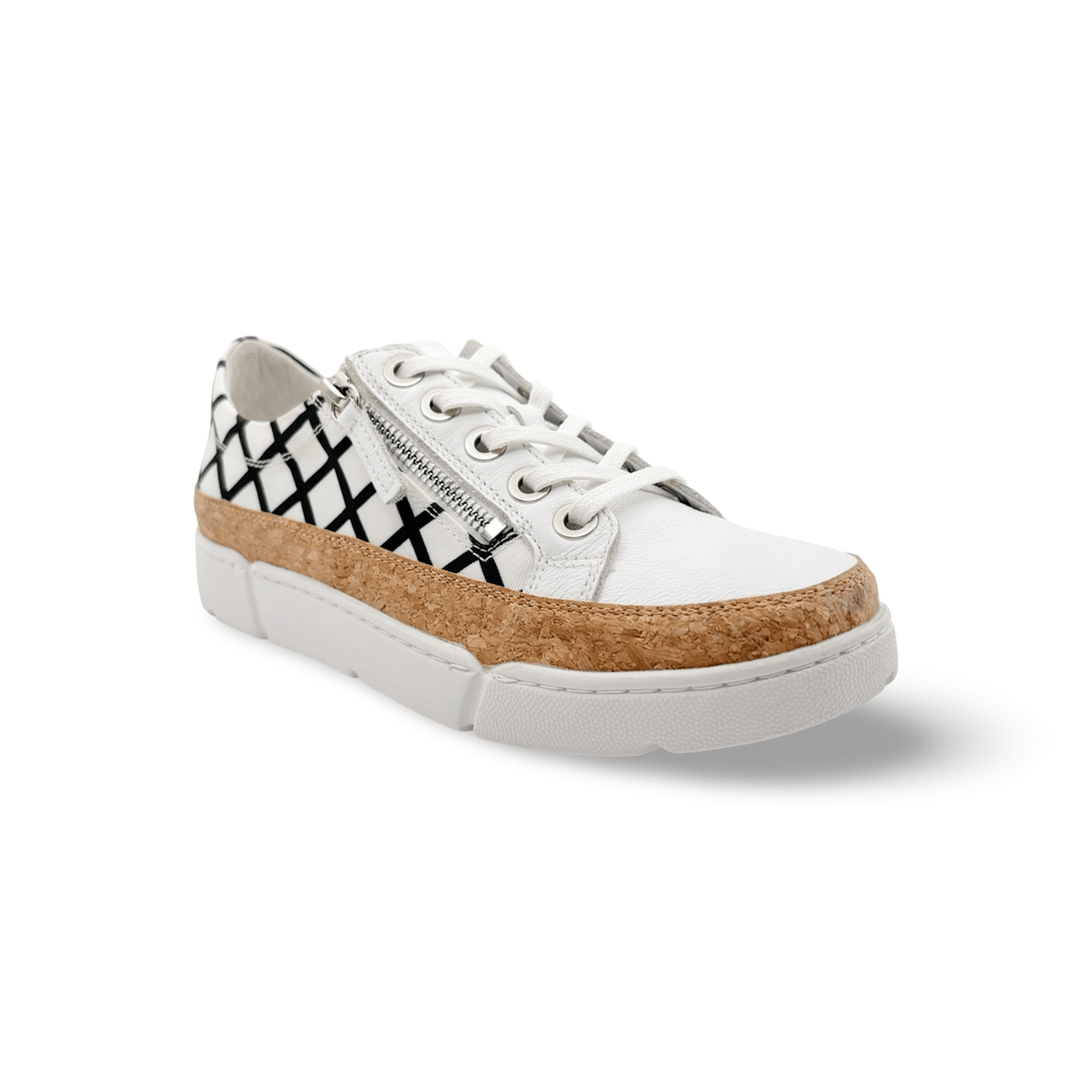 White sneaker with black pattern and white sole 