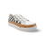 White sneaker with black pattern and white sole 