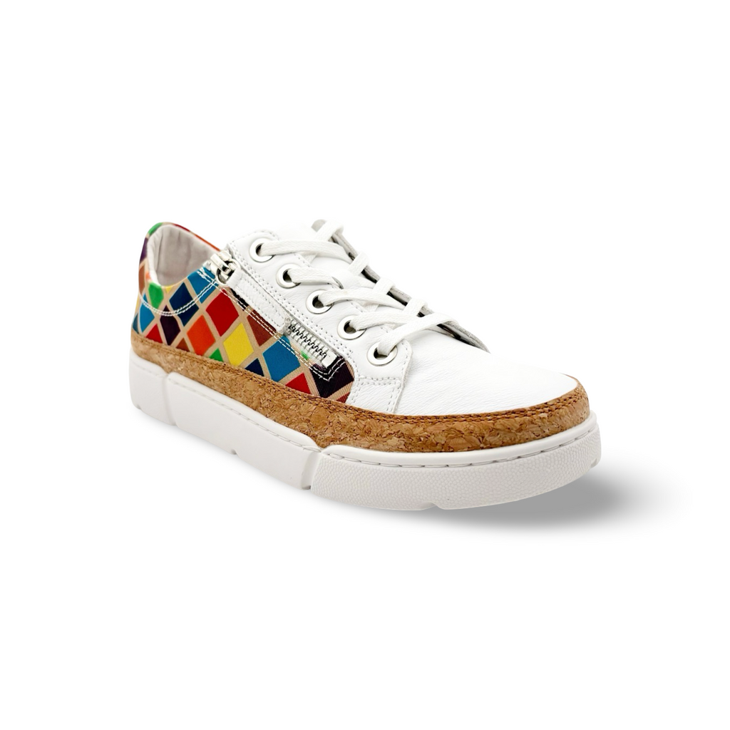 White sneaker with colorful diamond pattern and white sole 