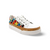 White sneaker with colorful diamond pattern and white sole 