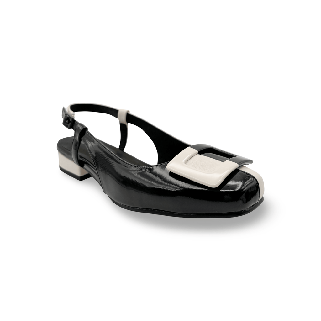 Black and white slingback flare with black/white buckle 