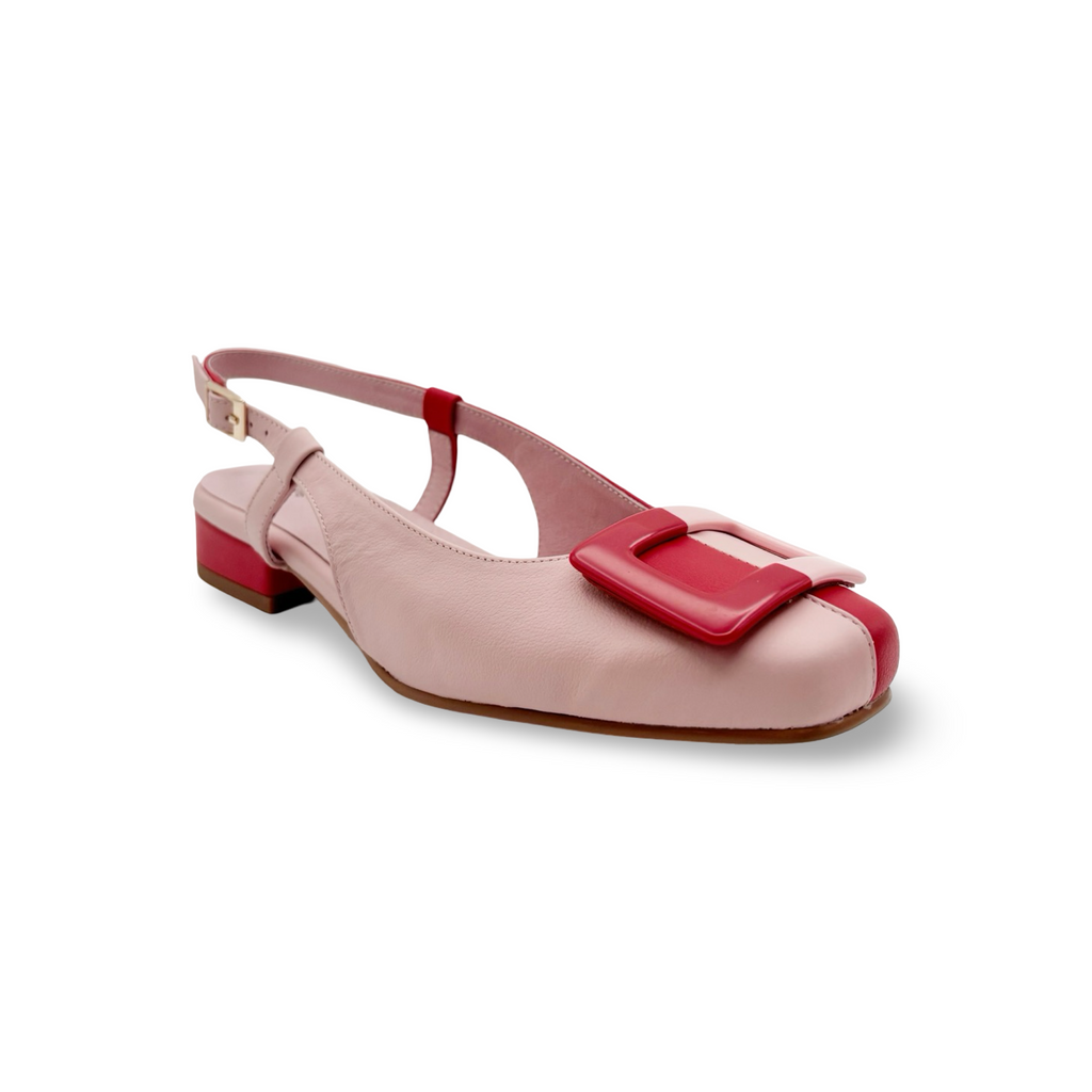 Pink and red slingback with a red/pink buckle 