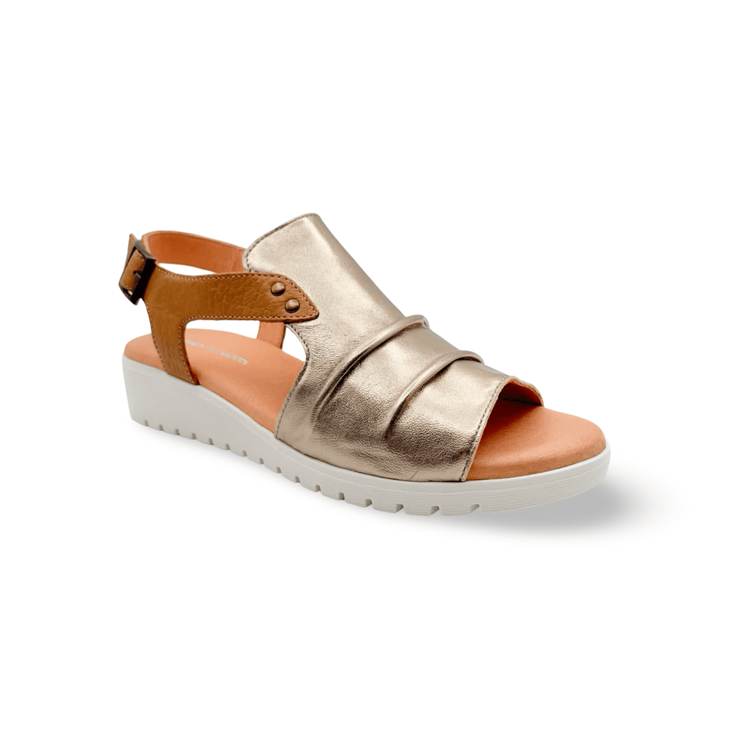 Gold sandal with tan strap and insole, adjustable velcro closure