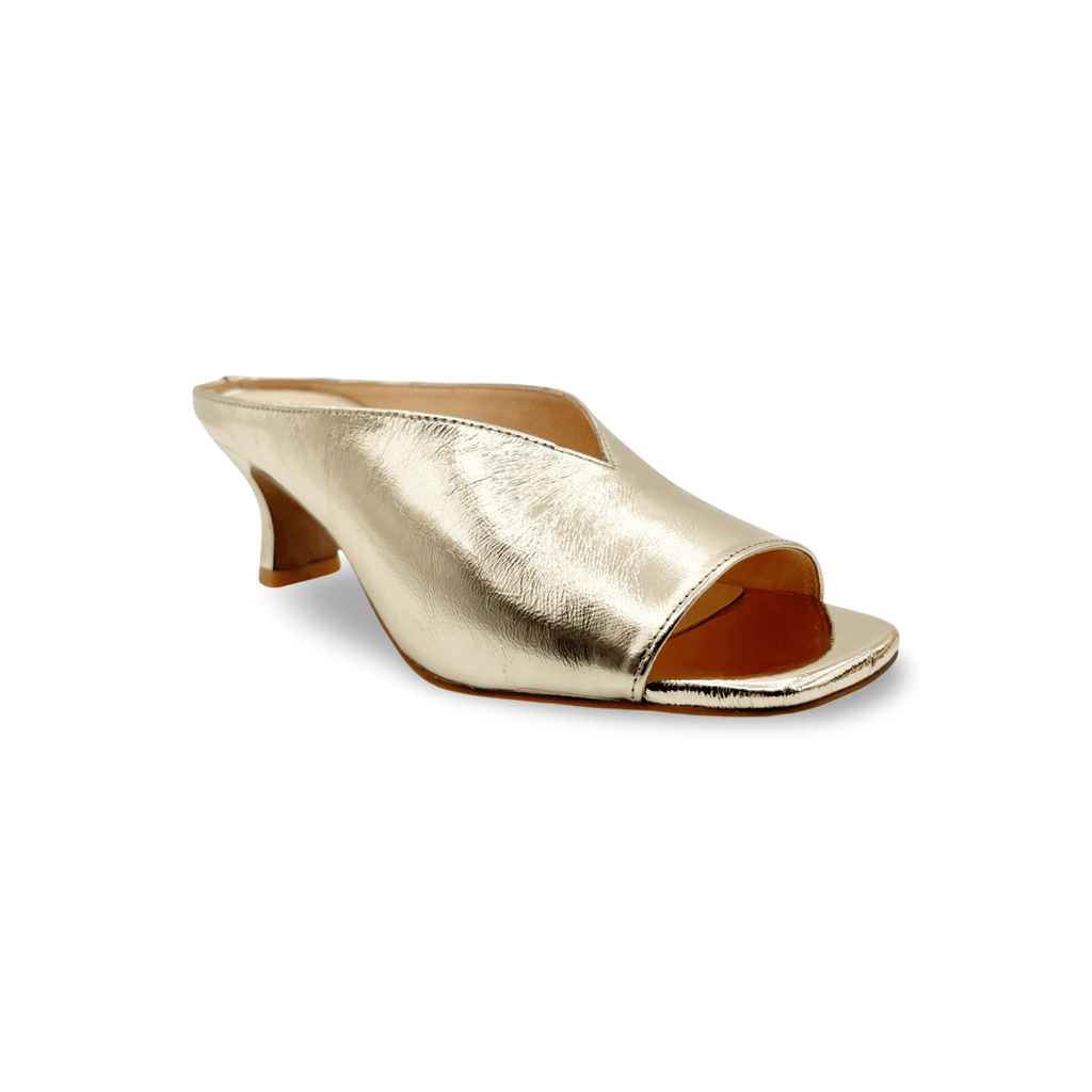 Gold open-toe heeled shoe slide
