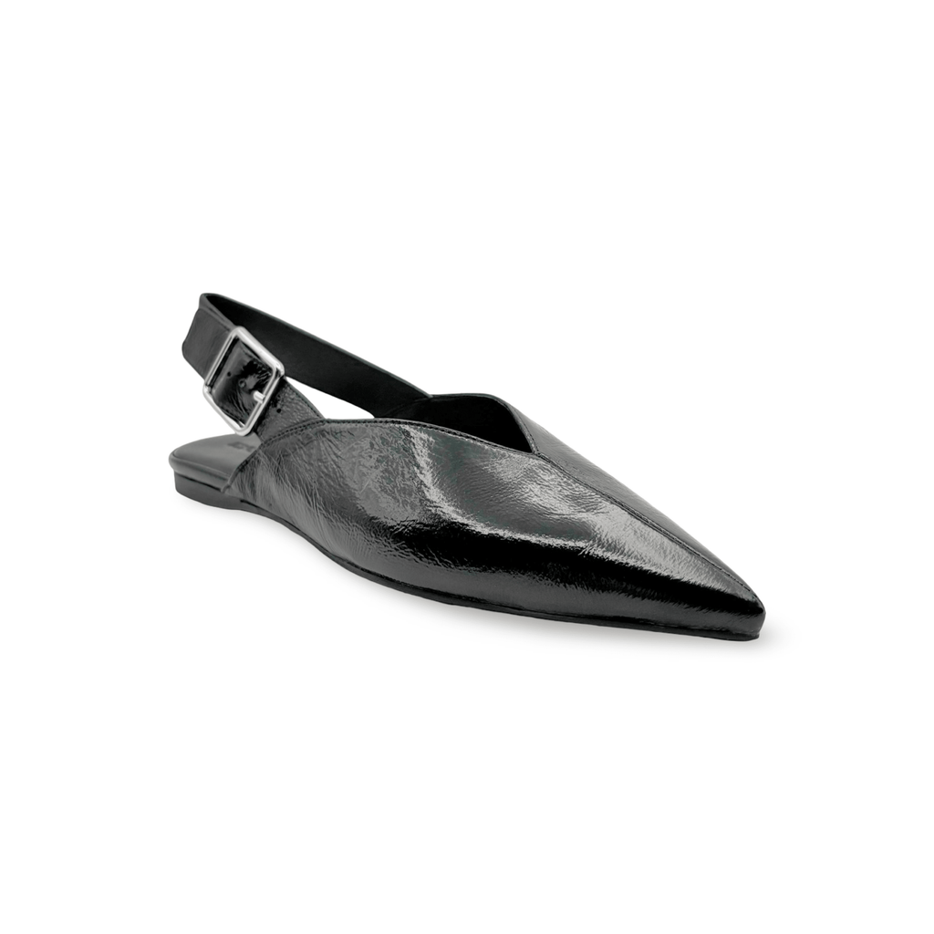 Black pointed-toe slingback patent leather flat 