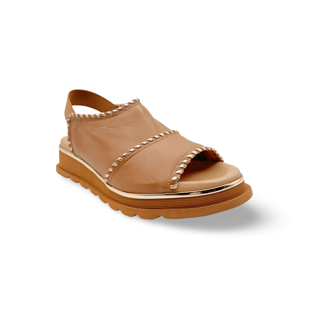 Tan sandal with elastic strap