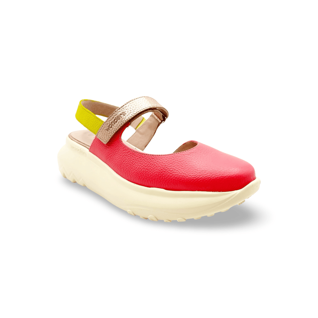 Coral sandal with a yellow slingback and metallic velcro straps