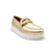 Gold loafer shoe with white platform sole and gold buckle detail 