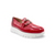 Red loafer shoe with a white platform sole and silver buckle detail 