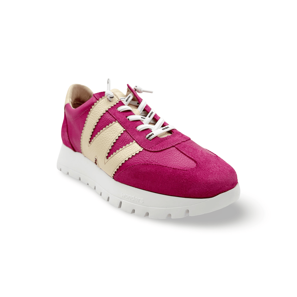 Pink/cream leather and suede sneaker with white stretch laces and platform sole