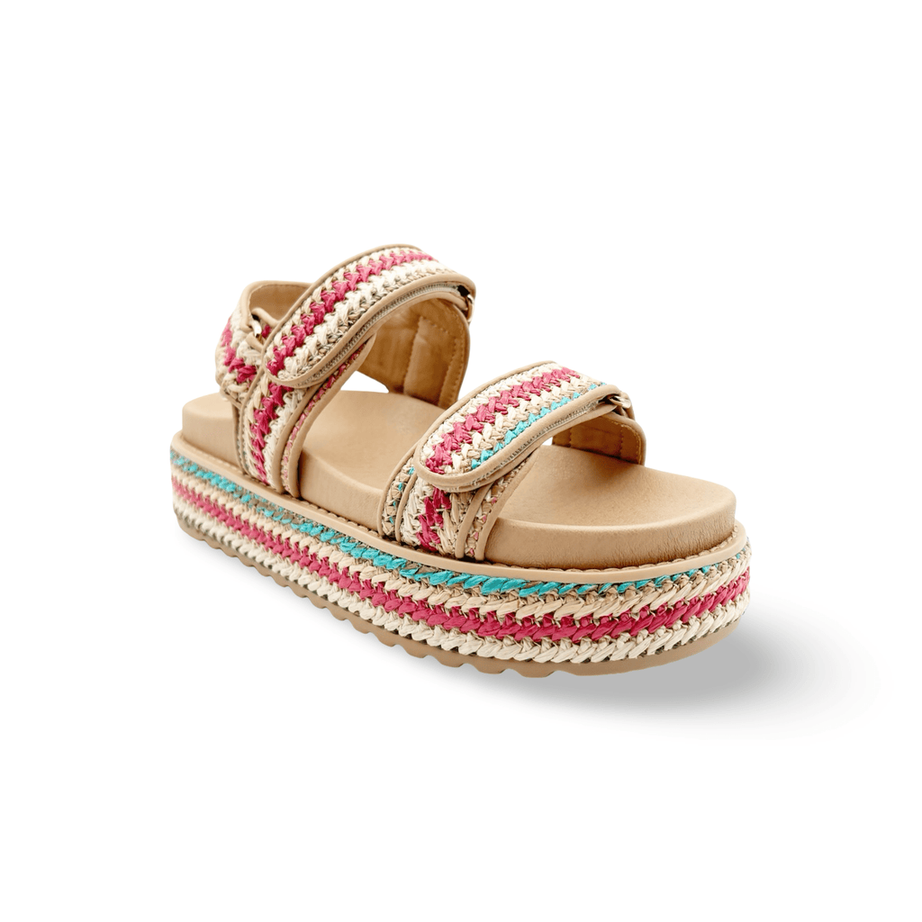 Multicolored sandal with velcro closure woven straps 
