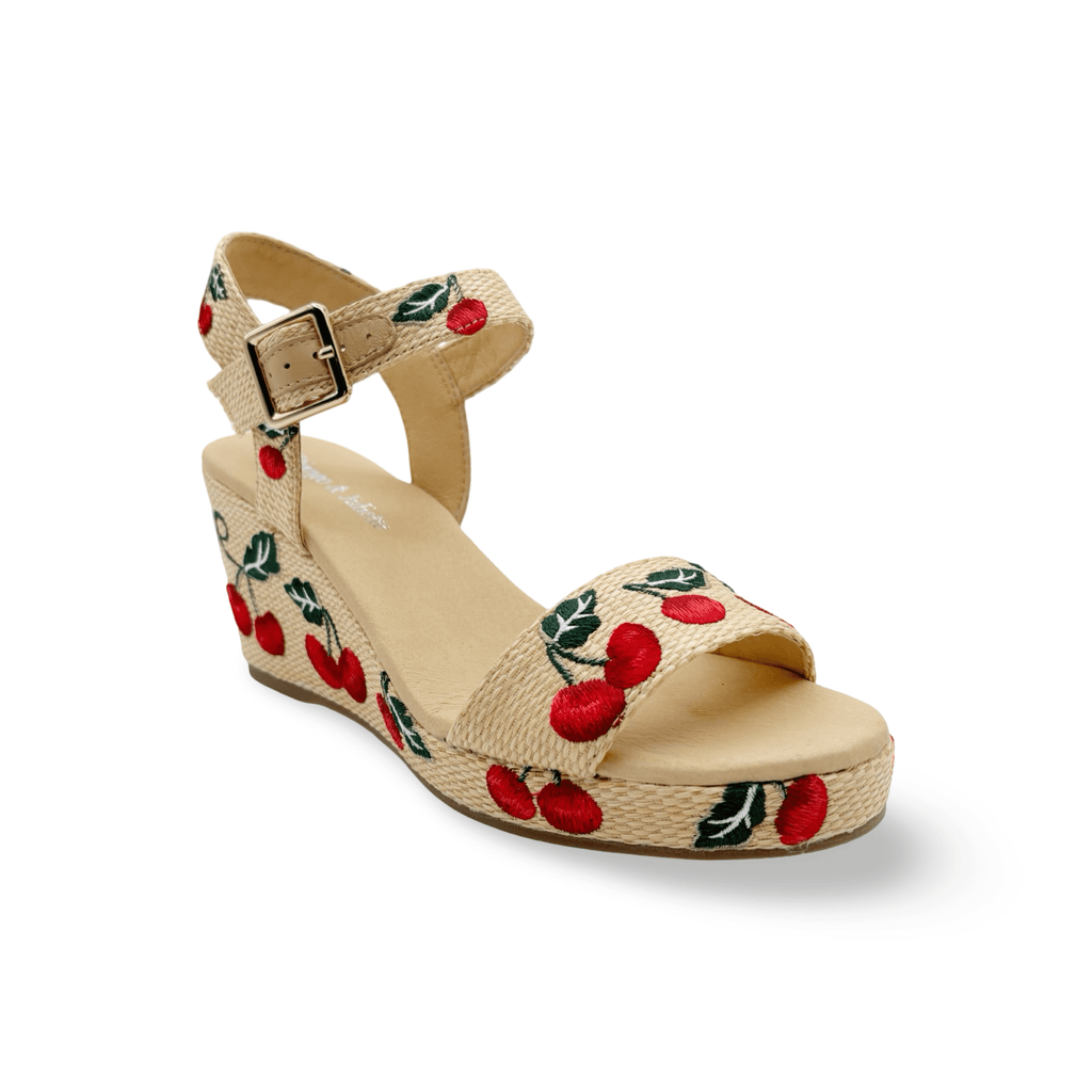 Natural raffia wedge sandal with cherry design 