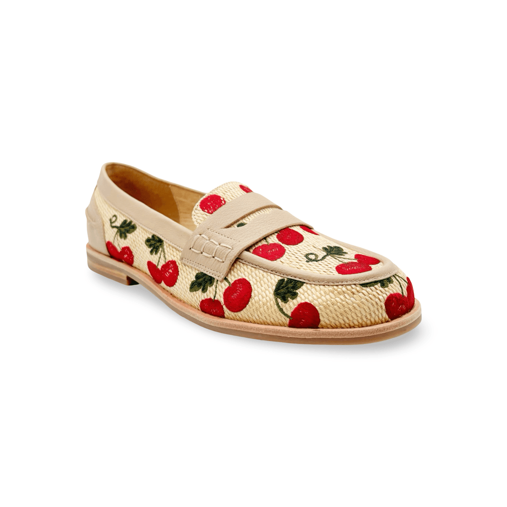 Natural raffia loafer with cherry design 