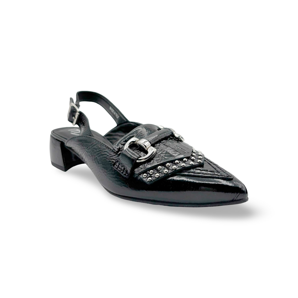 Black patent leather slingback shoe with studded detail 