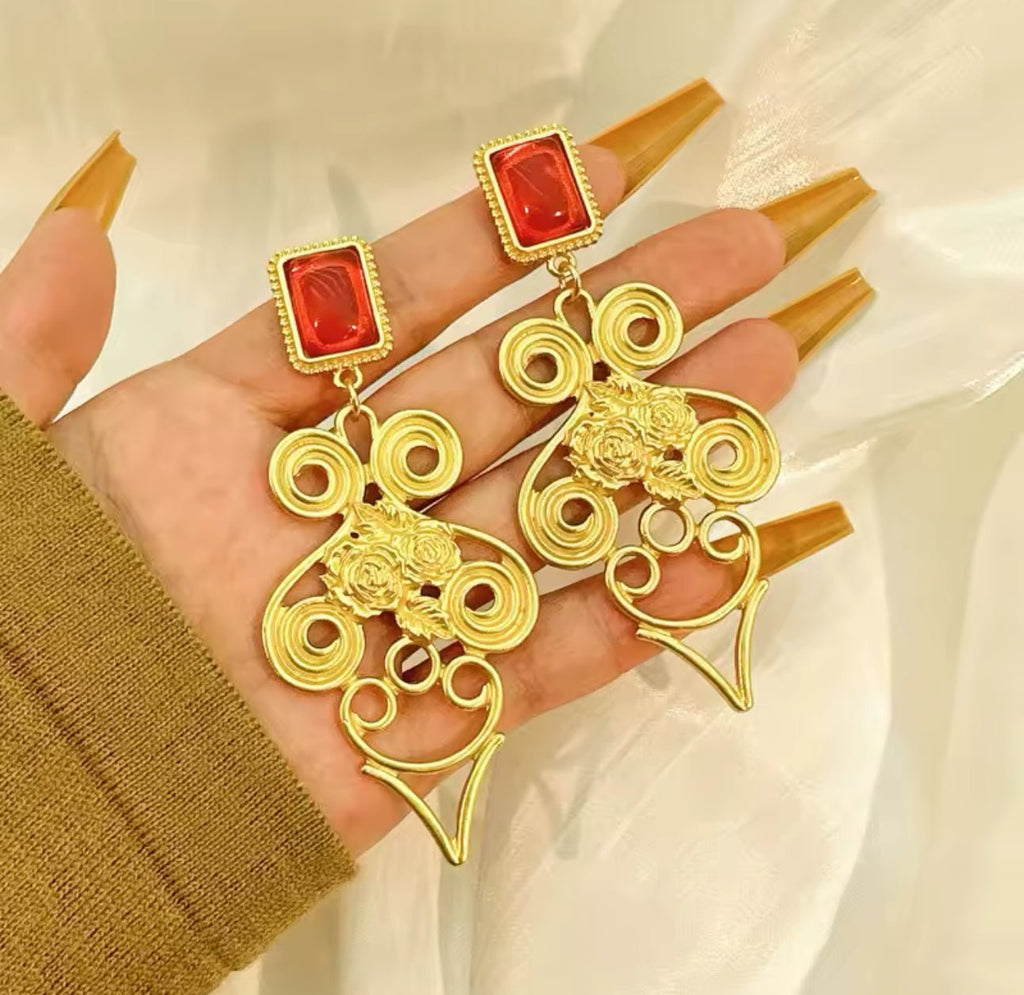 Ruby and Gold Ornate Earrings