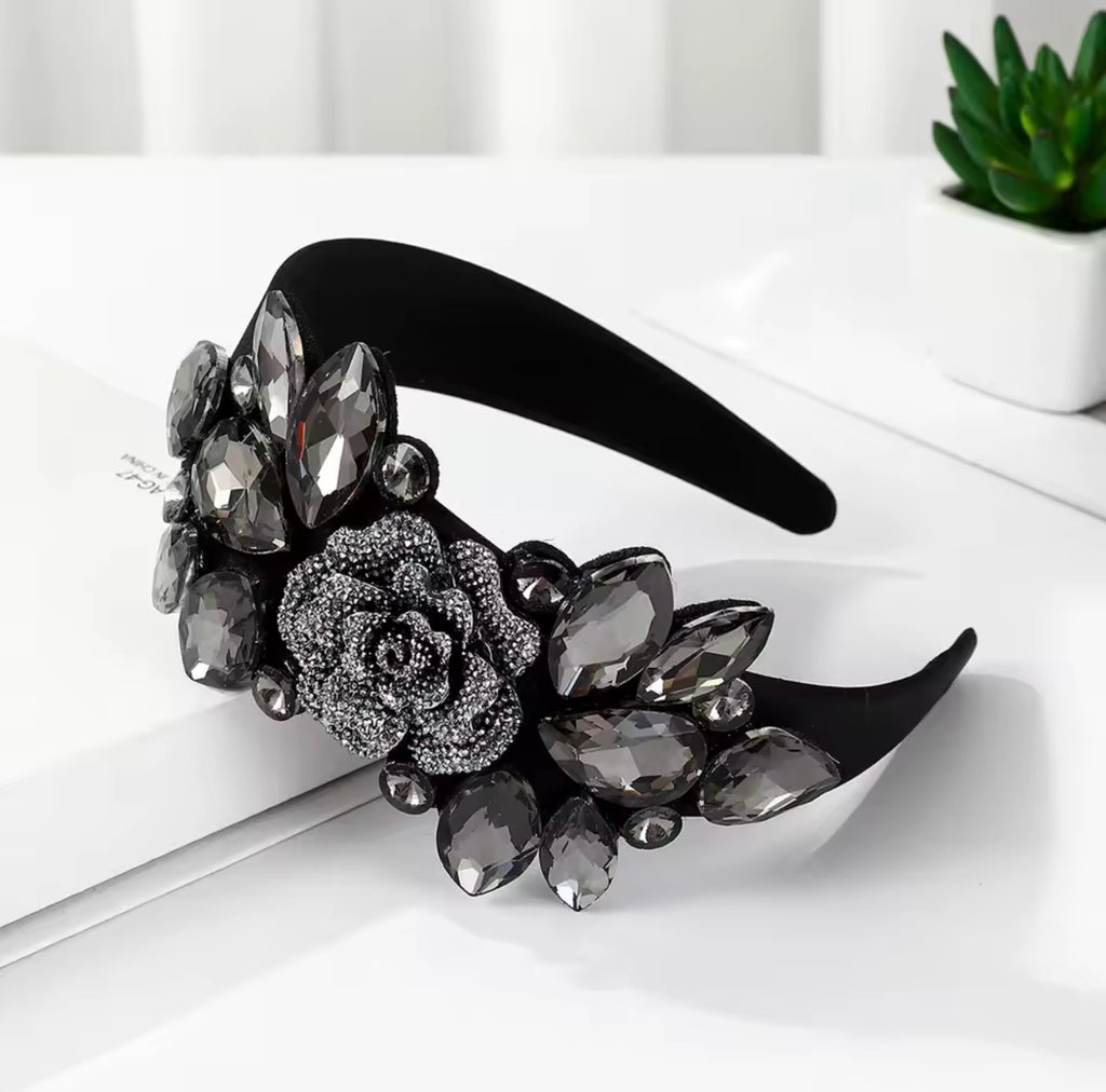 Black Satin Rosette Crystal Headband