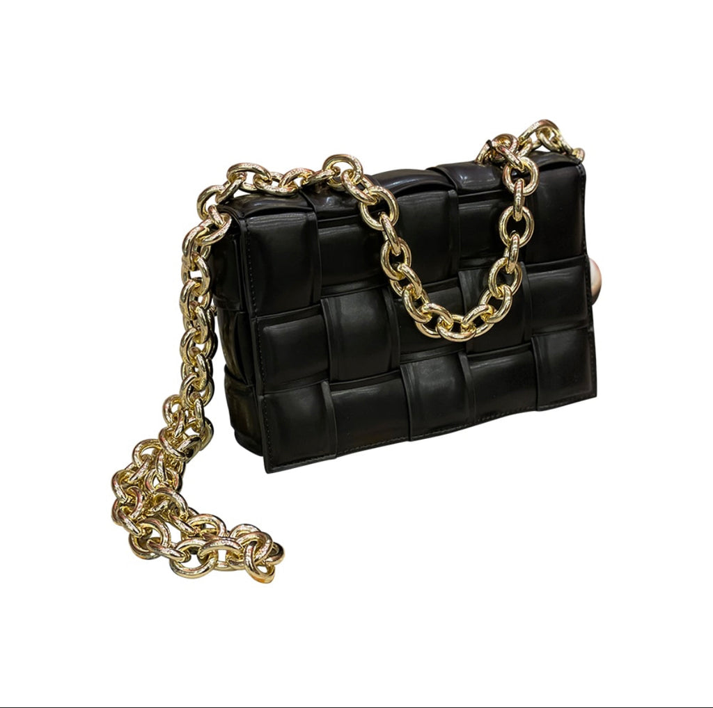 PBGJ31A-01 Black Leather Cross Woven Clutch Bag with Gold Chain