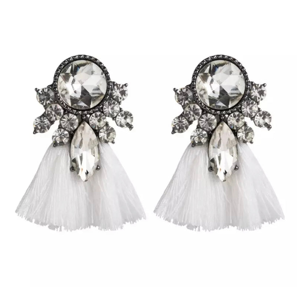 White Crystal & Tassel Earrings